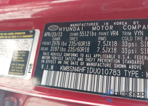 2013 Hyundai Santa Fe Gls from USA, damaged, VIN KM8SN4HF1DU010783